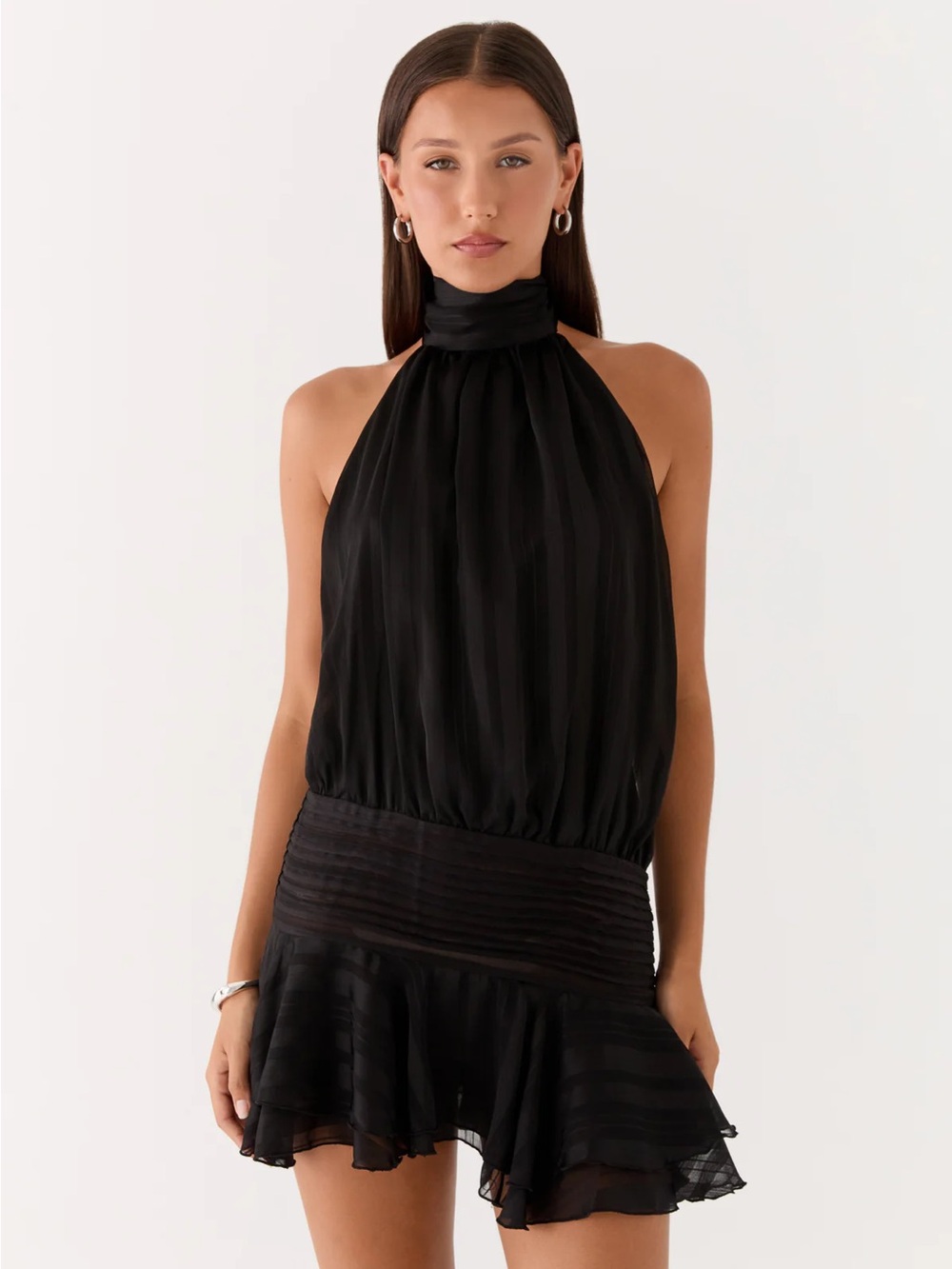Peppermayo Willow Chiffon Mini Halter Backless Dress in Black
